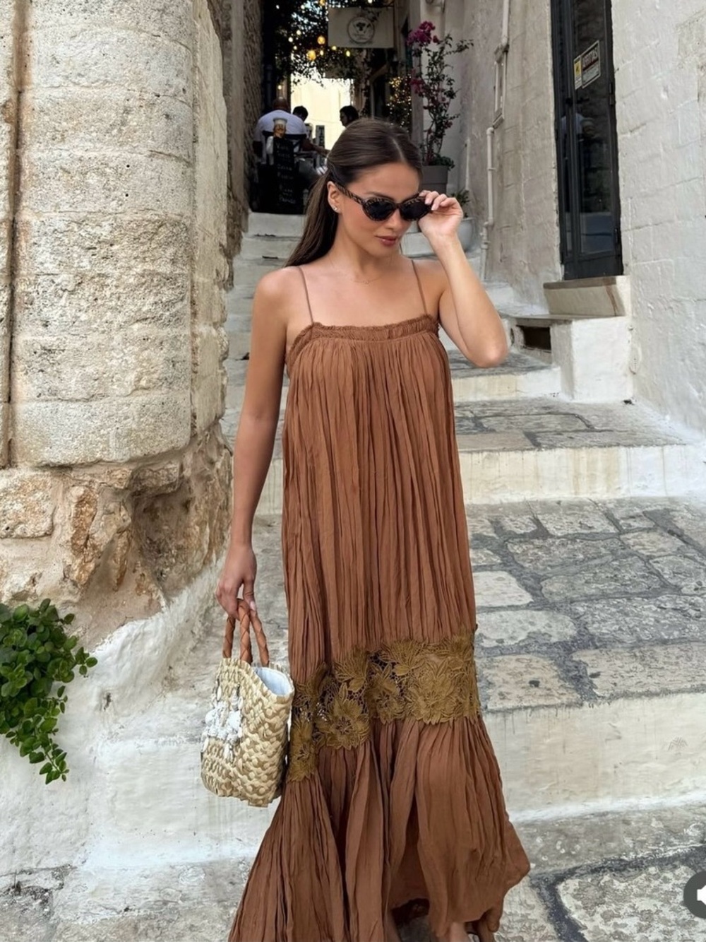 NWT Zara ZW Collection Wrinkled Embroidered Maxi Dress Brown Boho Size L - Picture 2 of 16